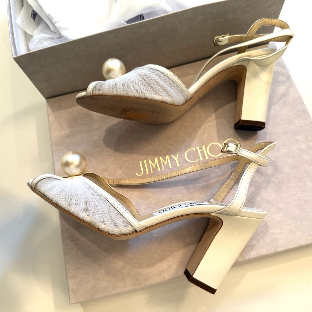 JIMMY CHOO Sacaria 85 Block Heels Sandals Cream White Bridal Pearl 37.5 7.5 - Picture 4 of 14